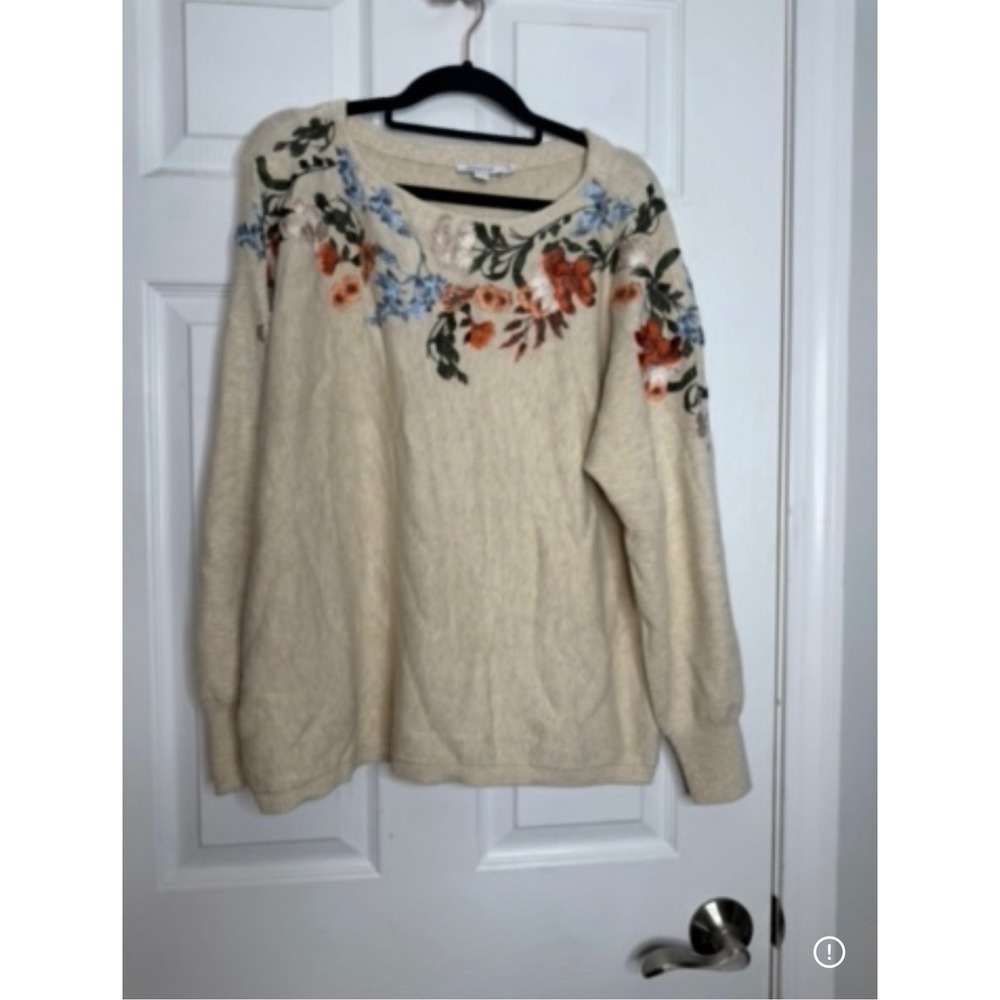 CHICOS Floral Embroidered Dolman Sleeve Sweater Size 2/L